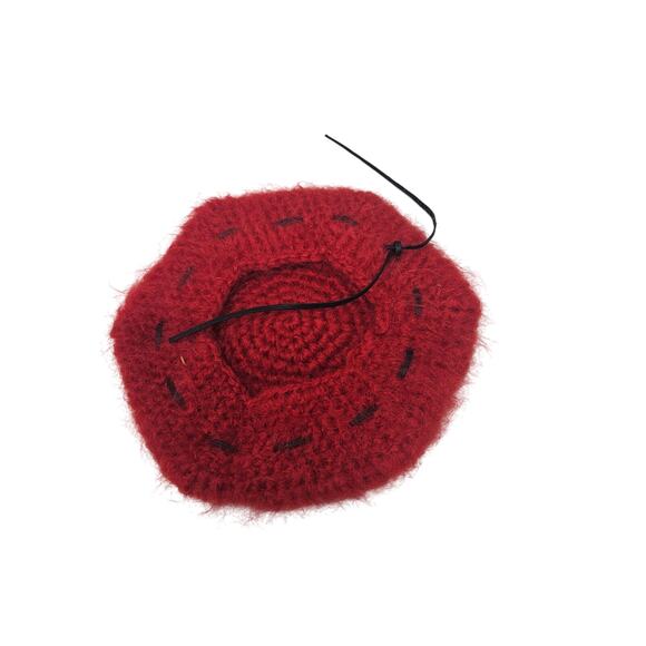 Vintage Mohair Red Beret Knit Hat Twee Fuzzy Cottage Granny Boho